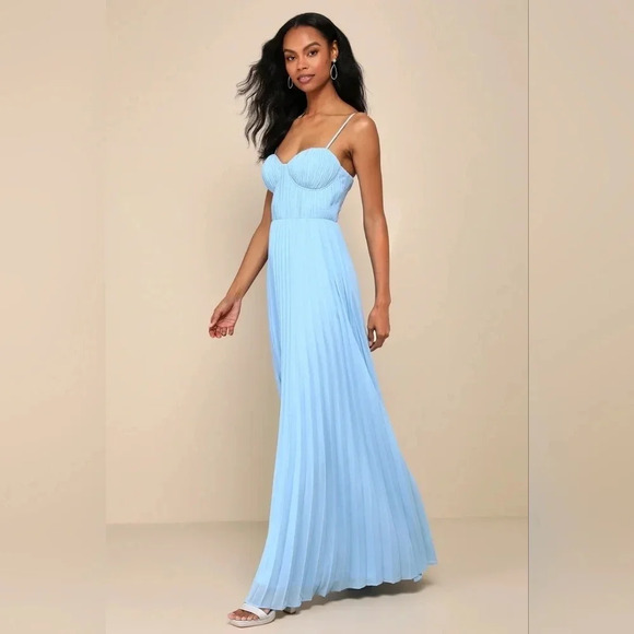 Lulus Admirable Elegance Light Blue Pleated Bustier Maxi Dress Wedding Party - Picture 3 of 10